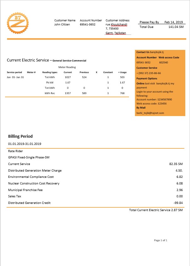 Tajikstan Barqi Tojik electricity bill in Word format